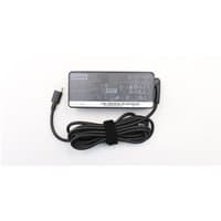 Black Lenovo 65W power adapter with attached cord and Velcro strap, rectangular design with label on top.
