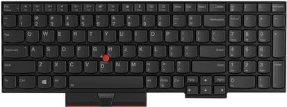 Black Lenovo keyboard featuring a French layout, rounded keys, a red TrackPoint in the center, and a compact design suitable for laptops.