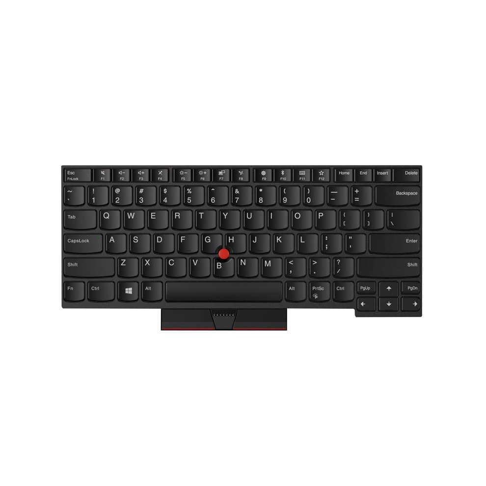 Black Lenovo keyboard featuring US English layout, low-profile keys, a red TrackPoint in the center, and a sleek, matte finish.