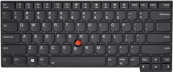 Black Lenovo laptop keyboard with a compact layout, featuring a red TrackPoint in the center, and distinct function keys labeled for easy access.