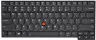 Black Lenovo laptop keyboard featuring a compact layout, with distinct red TrackPoint in the center and white lettering on the keys.