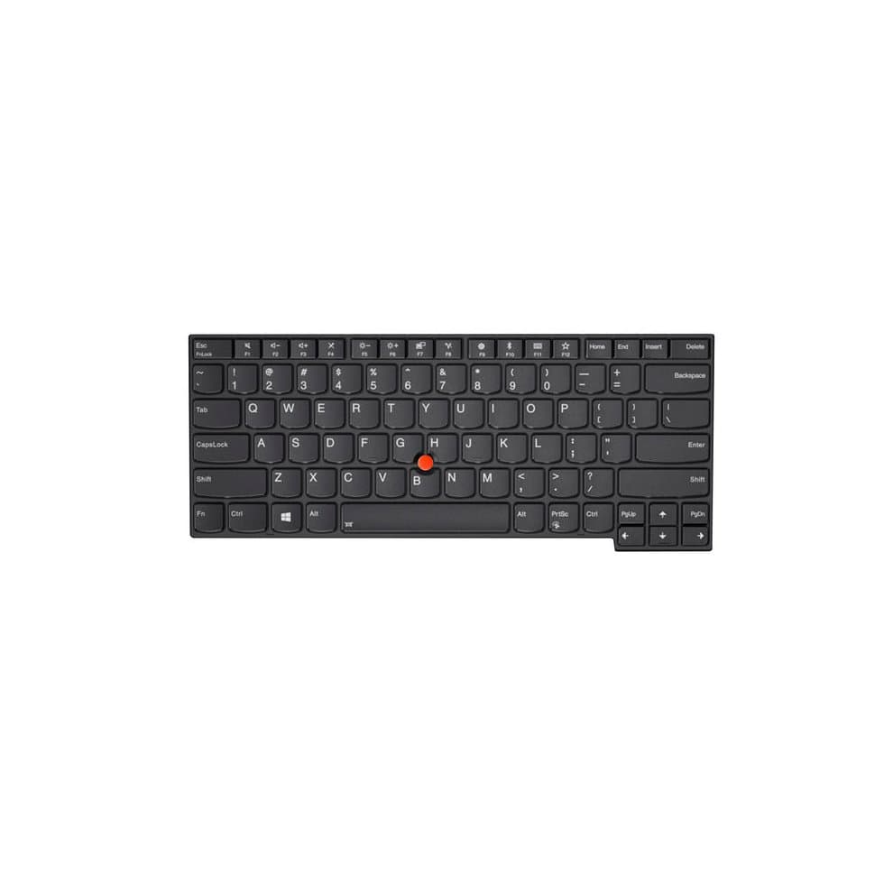 Black Lenovo 01YP549 laptop keyboard featuring a compact layout, with distinct keys and a red TrackPoint in the center.