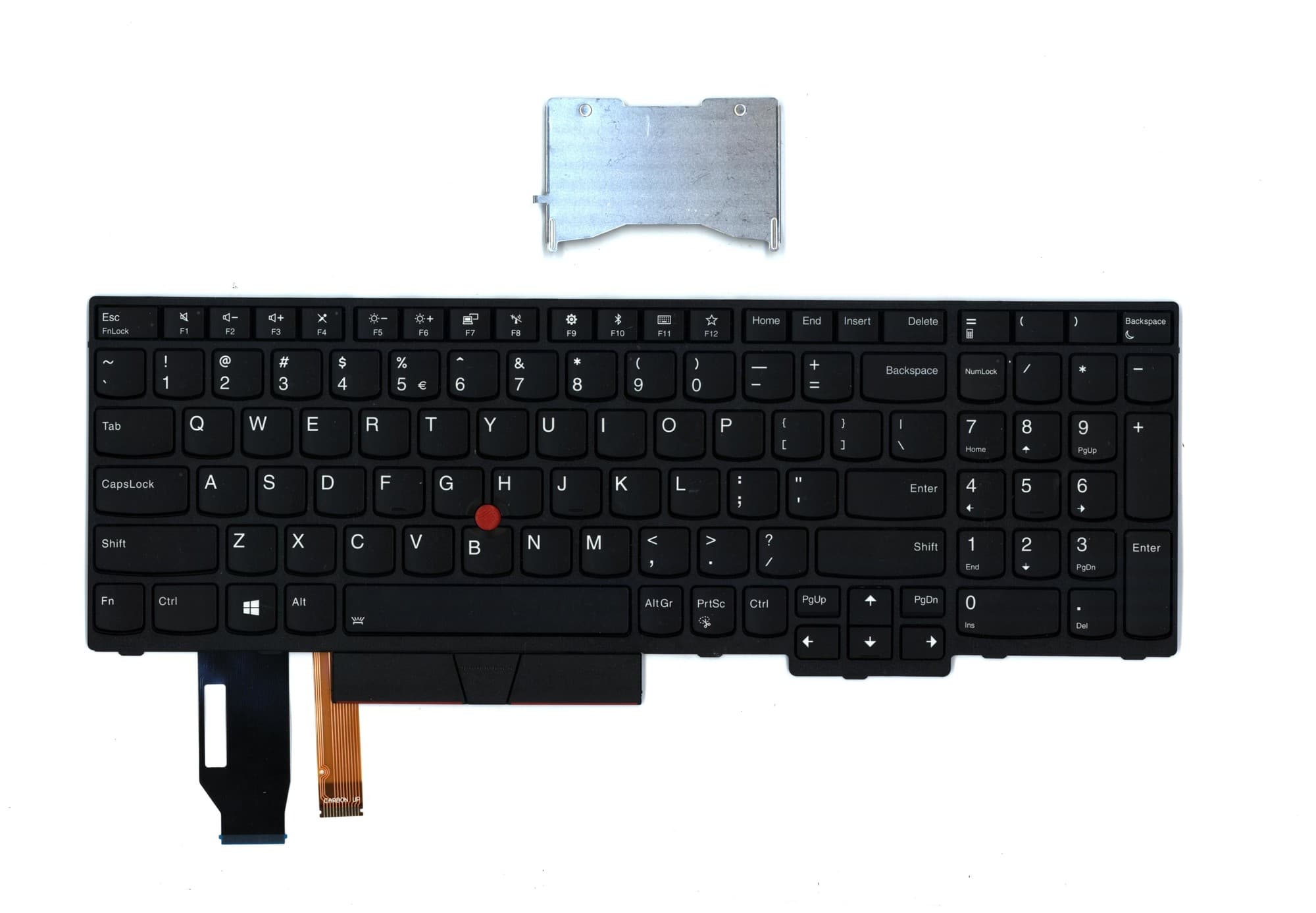 Black Lenovo laptop keyboard with a standard QWERTY layout, featuring a red TrackPoint button, attached ribbon cable, and a metal backplate.