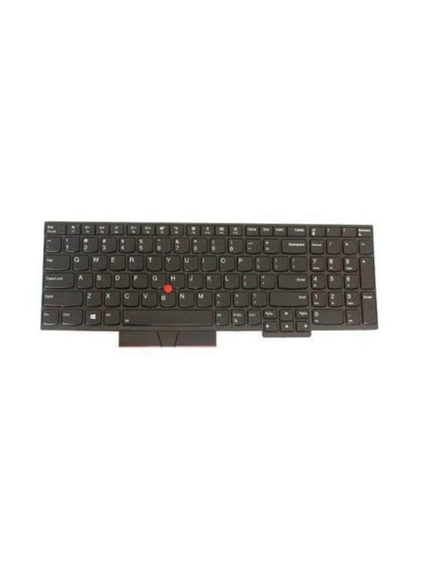Black Lenovo laptop keyboard with a compact design, featuring standard keys, a red TrackPoint in the center, and a sleek matte finish.