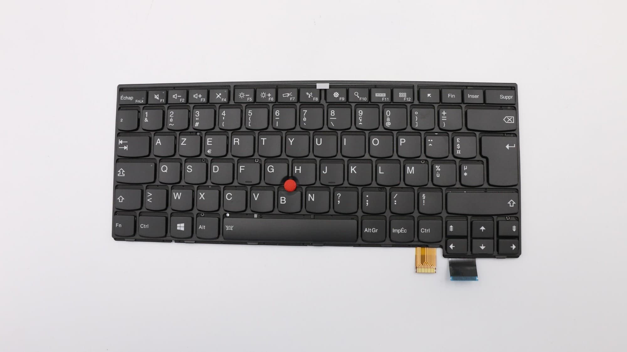 Black Lenovo laptop keyboard spare part featuring a compact layout, distinct red TrackPoint, and white lettering on keys, with a connector at the bottom right.