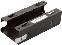 Black metal mounting kit with a rectangular shape, featuring slots for secure attachment and a barcode label on one side.