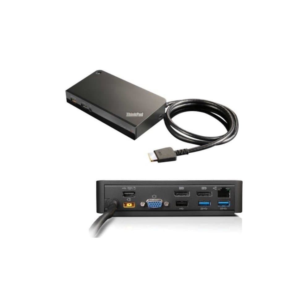 Black Lenovo 03X6300 Laptop Dock features a sleek design with multiple ports including HDMI, USB, and VGA, along with a wired OneLink+ connector for easy connectivity.