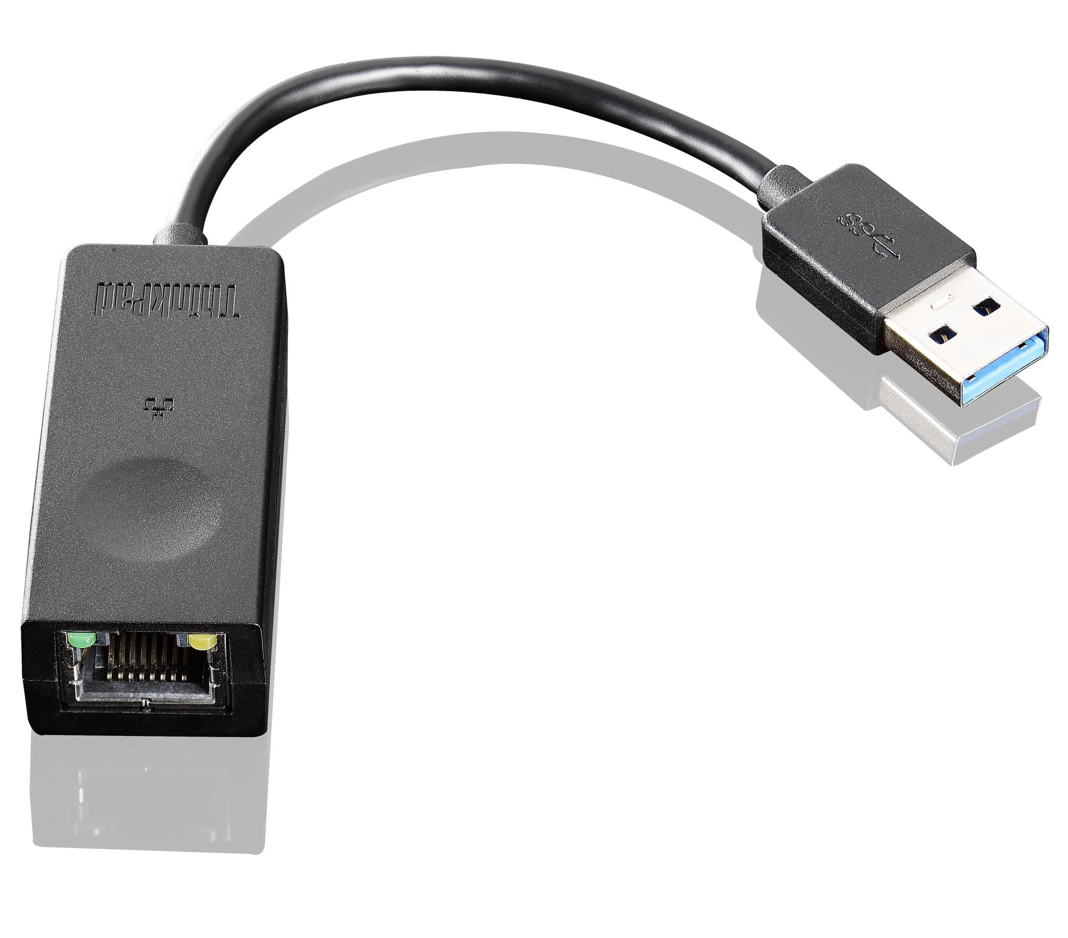 Black Lenovo 03X6840 cable gender changer with an RJ-45 connector on one end and a USB 2.0 Type-A connector on the other, featuring a flexible cable.