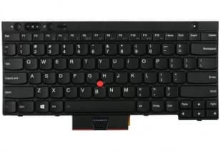 Black Lenovo laptop keyboard featuring a compact layout, with function keys, a red TrackPoint in the center, and a matte finish.