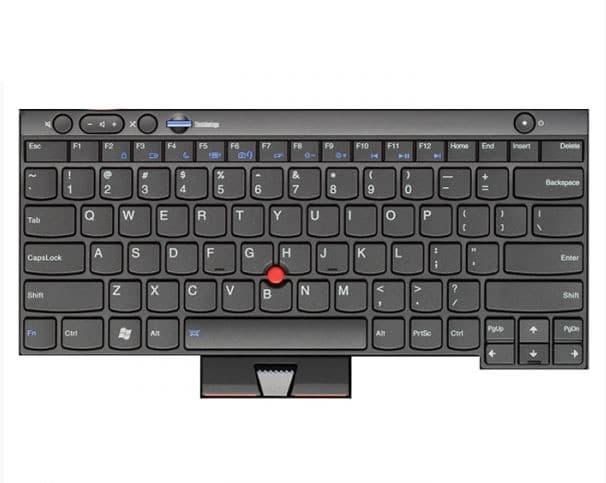 Black Lenovo laptop keyboard featuring a compact layout, with blue backlit keys, a red TrackPoint in the center, and function keys labeled at the top.