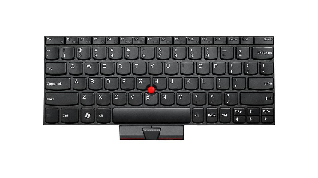 Black Lenovo laptop keyboard featuring a QWERTY layout, with a red TrackPoint in the center and function keys at the top, designed for Lenovo models.