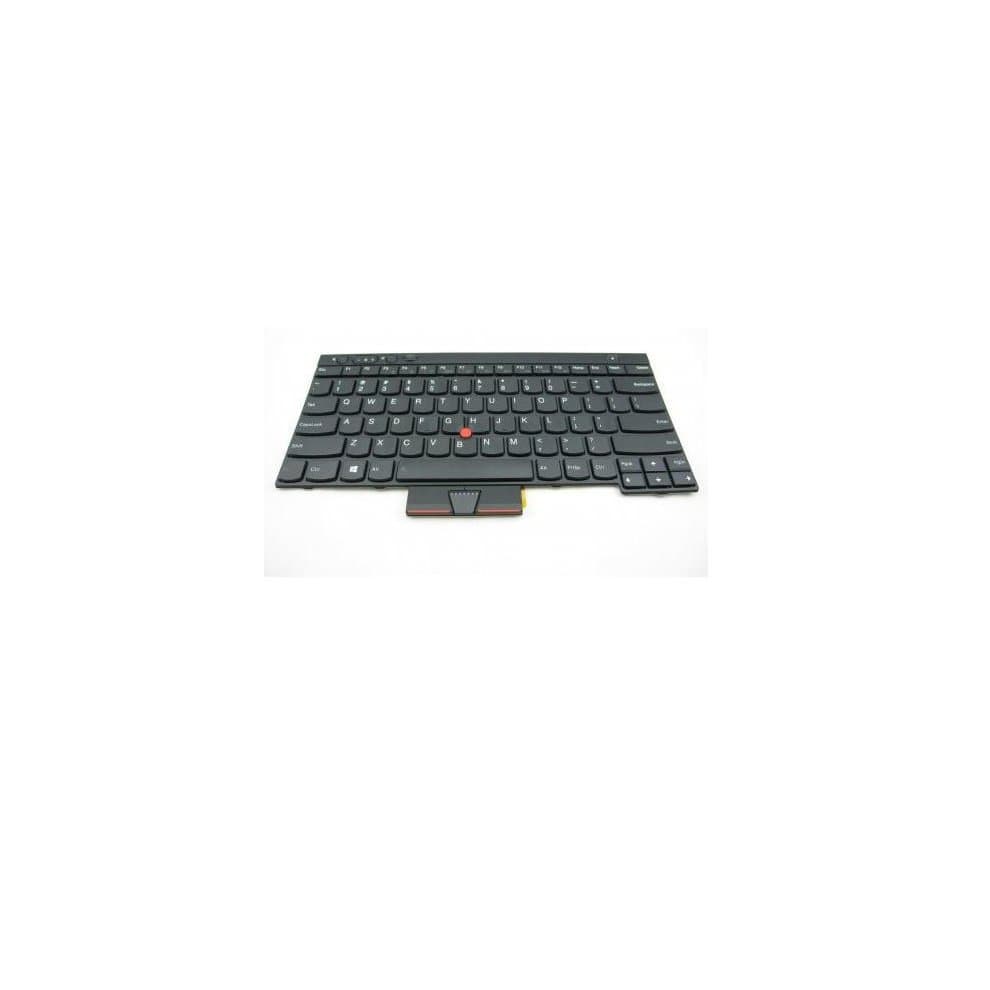 Black Lenovo laptop keyboard with a compact layout, featuring a red trackpoint in the center, and a sleek, matte finish.