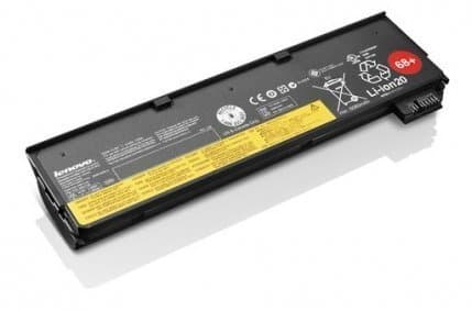 Black Lenovo laptop spare part battery with a yellow label, featuring safety symbols and technical specifications, designed for compatibility with Lenovo laptops.