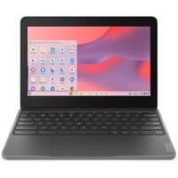 Black Lenovo 100e Chromebook Gen 4 with 11.6" HD display, black keyboard, and sleek compact design.