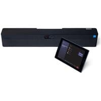 Black Lenovo video conferencing system with rectangular soundbar and touchscreen control panel.
