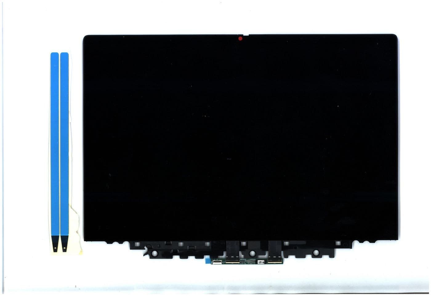Lenovo 14-inch WUXGA LCD module in black with a sleek surface, featuring a connector at the bottom and two blue prying tools beside it.