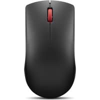 Black Lenovo 150 wireless mouse with red scroll wheel, sleek ambidextrous design, optical sensor, 1000 DPI.
