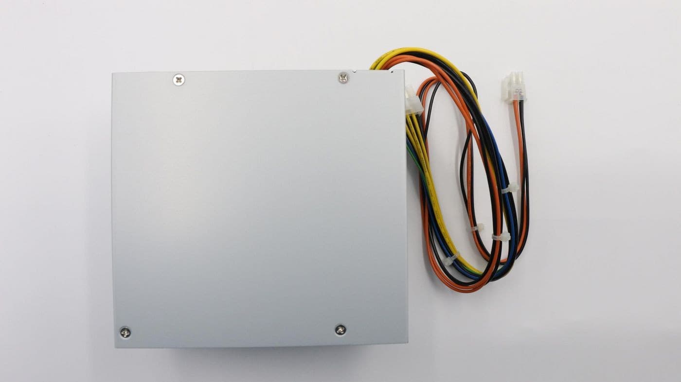 Silver metal Lenovo 250W X Power Supply with multiple colored cables (orange, yellow, blue, red, and black) attached, featuring a compact design and visible screws on the top.