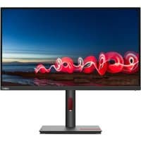Lenovo 27-inch monitor with thin bezels, adjustable stand, and vibrant display showing abstract red and blue light trails.