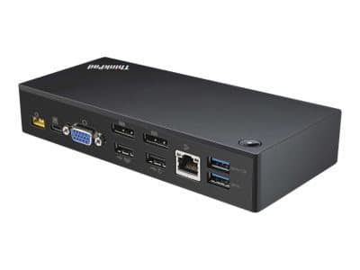 Black Lenovo 40A90090DK laptop dock featuring multiple USB ports, Ethernet port, VGA, and audio connections, designed for wired USB 3.2 Gen 1 compatibility.