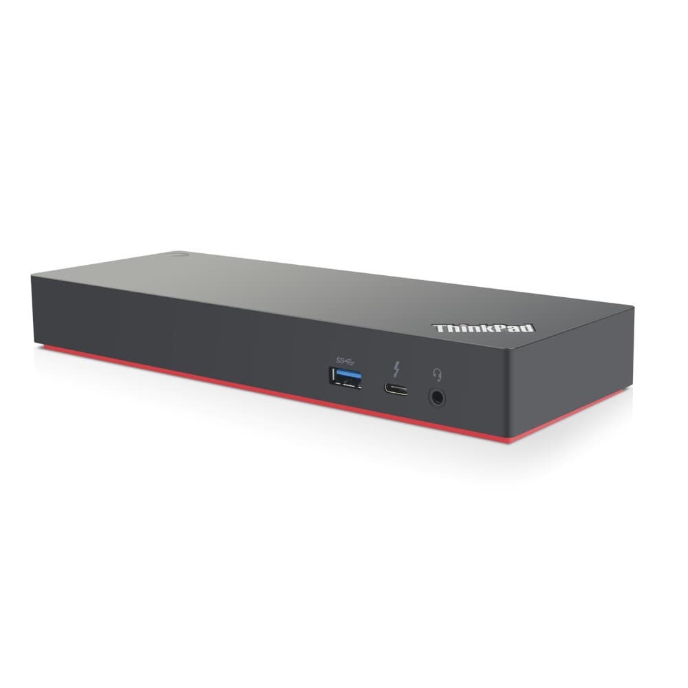 Black Lenovo ThinkPad laptop dock with a sleek design, featuring Thunderbolt 3 ports, USB-A, USB-C, and audio jack, accented with a red trim.