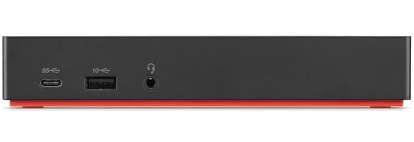 Black Lenovo 40AS0090IT laptop dock featuring USB 3.2 Gen 1 ports, a USB-C port, and a headphone jack, with a vibrant red accent along the bottom edge.