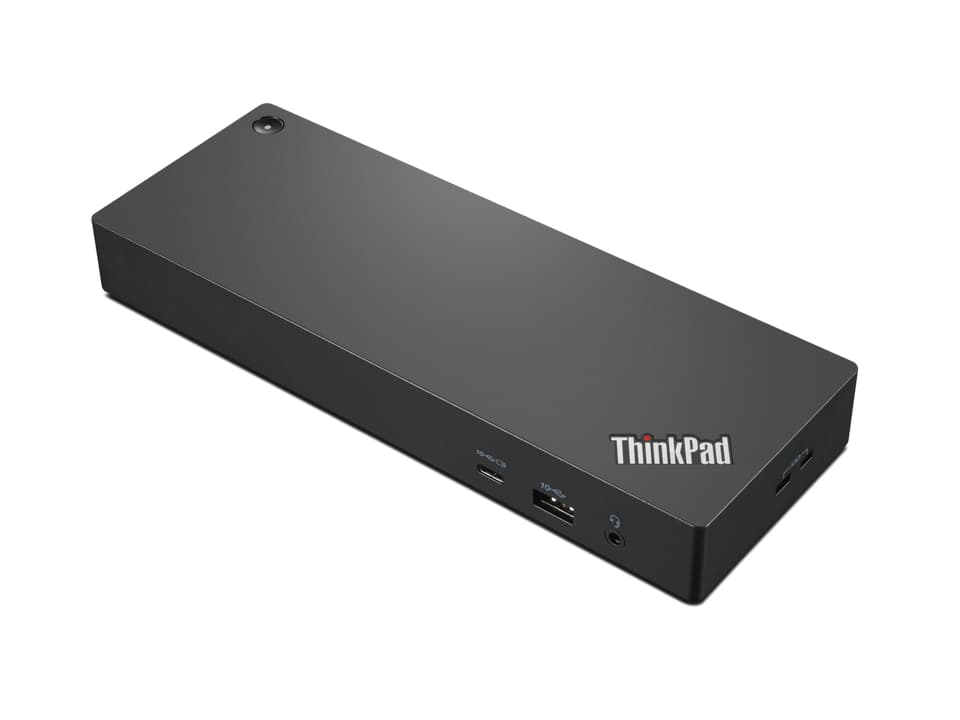 Black Lenovo ThinkPad laptop dock with a sleek design, featuring multiple ports including Thunderbolt 4, USB-A, and a power connector, ideal for expanding connectivity options.