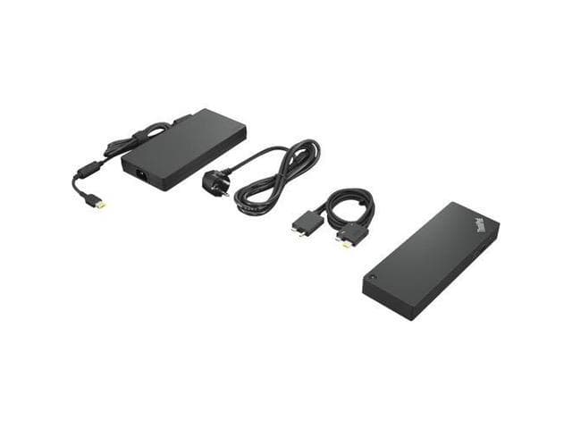 Black Lenovo 40B00300IT Laptop Dock with wired Thunderbolt 4, featuring multiple ports, power cable, and a sleek, minimalist design.