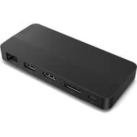 Black Lenovo laptop dock with multiple ports including USB 3.2 Gen 1, HDMI, and Ethernet on a sleek rectangular design.