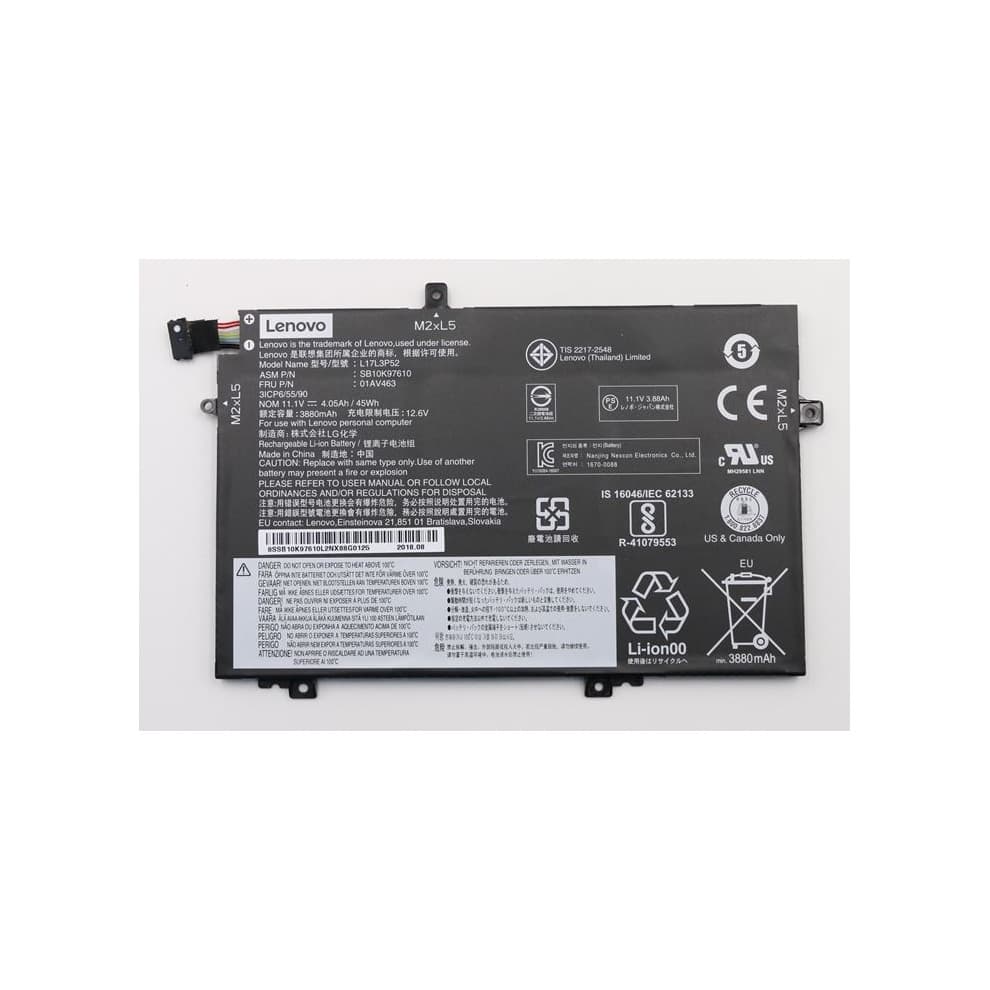 Lenovo 45Wh lithium-ion battery featuring a black casing, various labels, and connectors, designed for compatibility with select Lenovo devices.