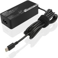 Black Lenovo 65W power adapter with attached USB-C cable and Velcro strap for cord management.