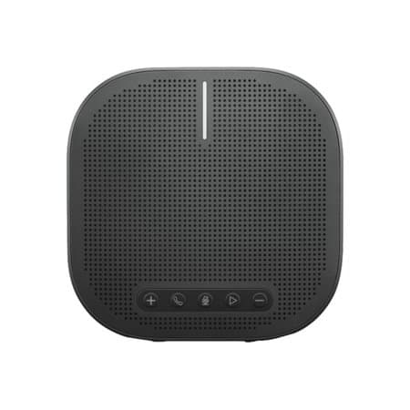 Black Lenovo Wireless VoIP Speakerphone with a square design, featuring a textured speaker grille, control buttons for volume and call functions at the bottom.