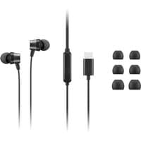 Black Lenovo in-ear headphones with USB Type-C connector and multiple earbud tips, designed for office use.