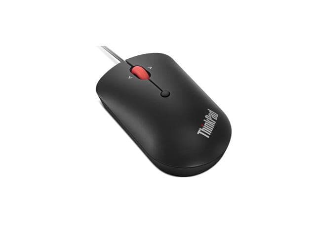 Black corded optical mouse with a sleek design, featuring a red scroll wheel and the "ThinkPad" logo prominently displayed on the top.