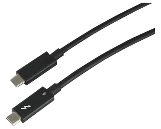 Black Thunderbolt cable with two connectors, each featuring a Thunderbolt icon, designed for high-speed data transfer at 40 Gbit/s, measuring 2 meters in length.