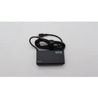 Black Lenovo 65W power adapter with attached cable, compact rectangular design, and Lenovo logo on top.