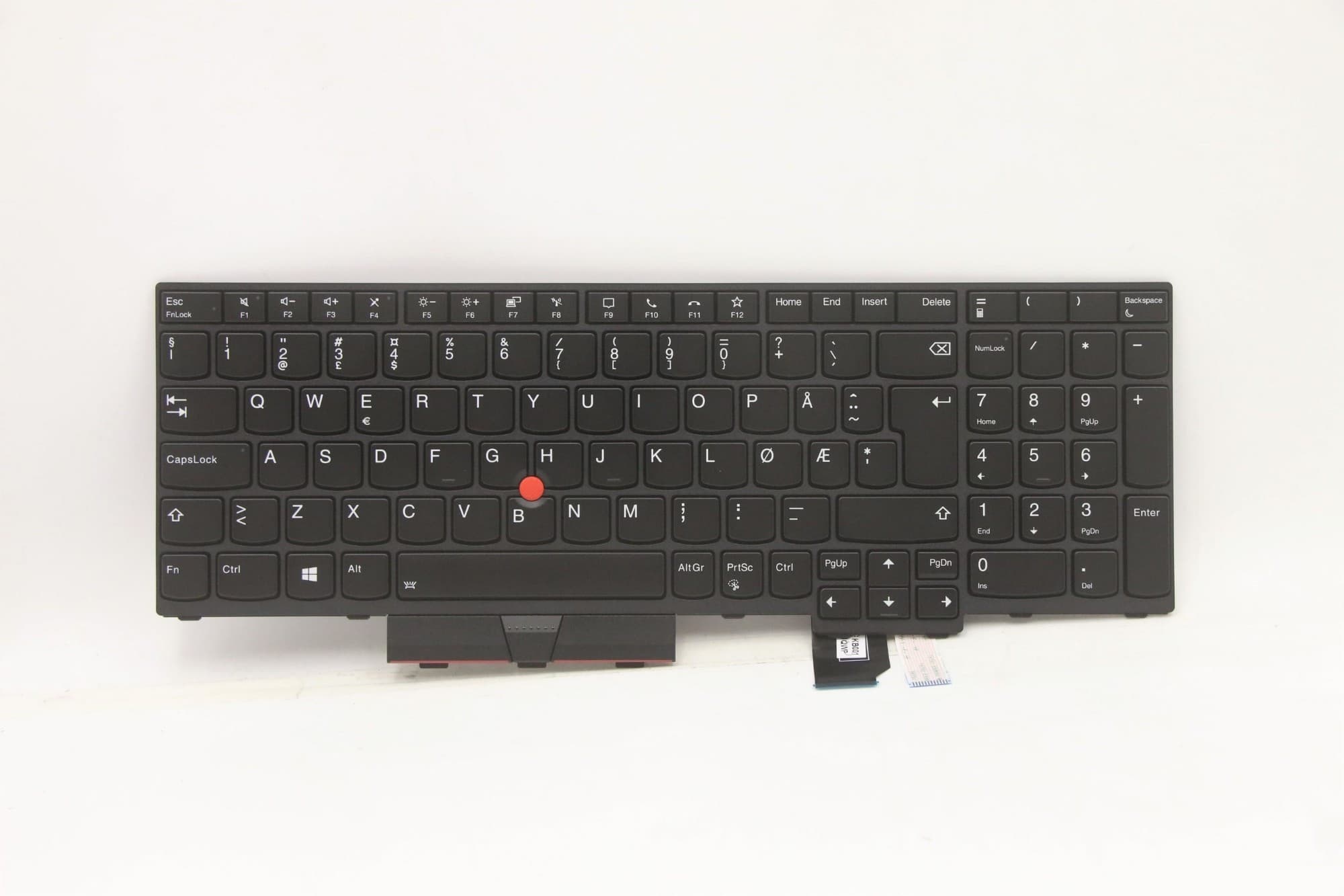 Black Lenovo laptop keyboard with a compact layout, featuring a red TrackPoint in the center, white lettering on keys, and a detachable connector at the bottom.