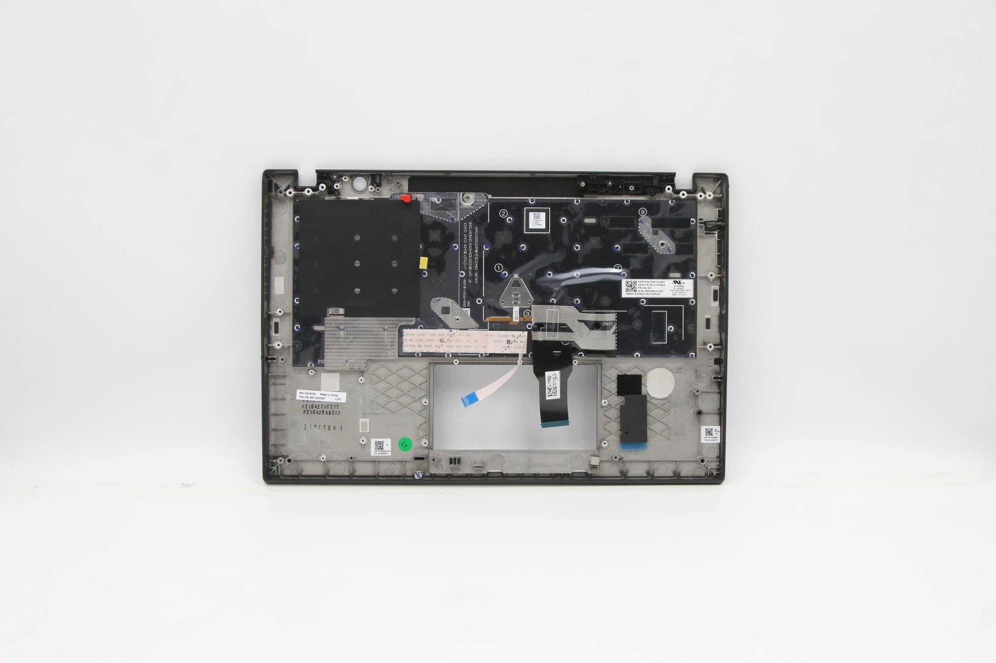 Lenovo 5M11A37646 laptop spare part featuring a black plastic cover with a keyboard layout, including various connectors and a touchpad area, designed for compatibility with Lenovo laptops.