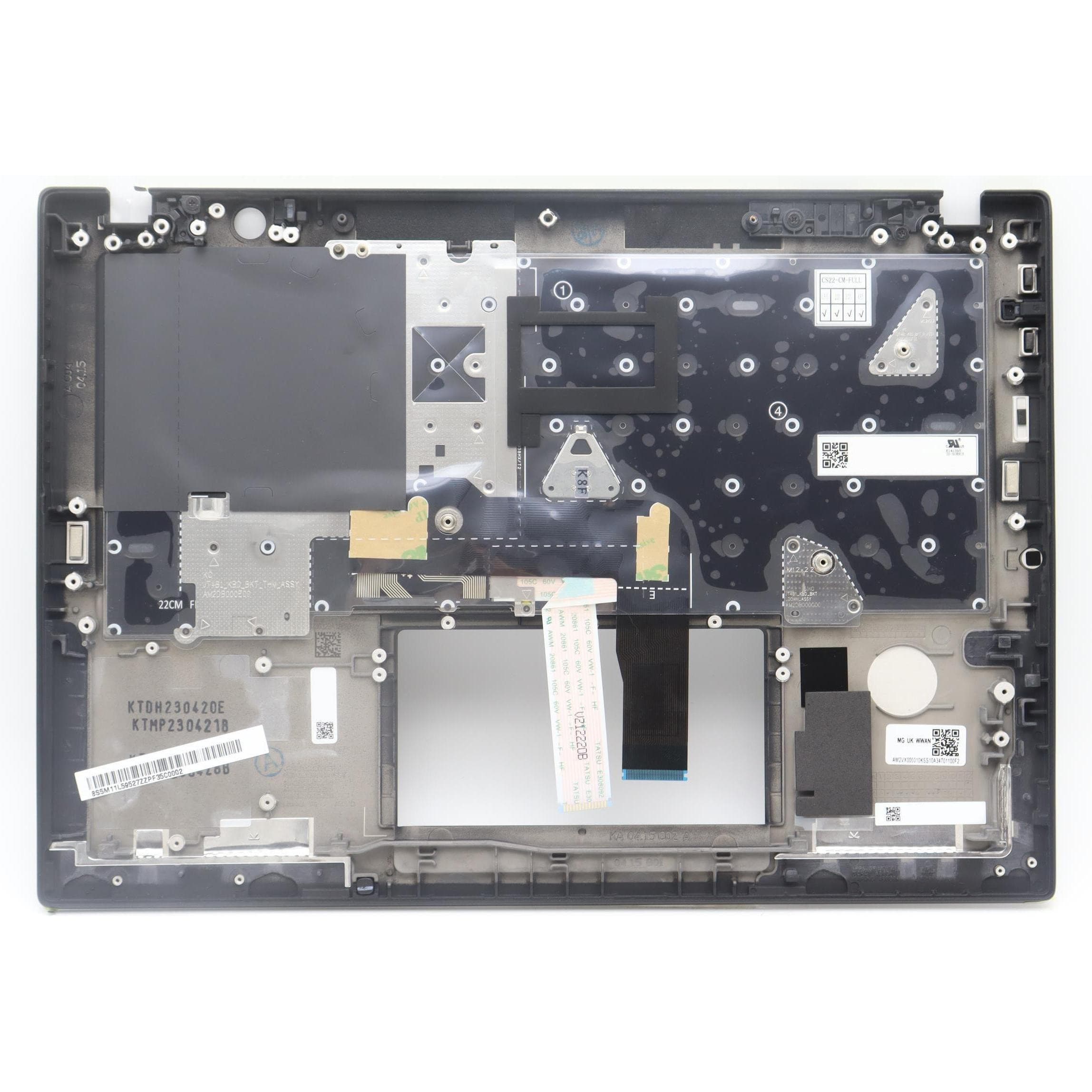 Lenovo 5M11L59508 laptop spare part featuring a black plastic cover, keyboard area with key outlines, and various internal components visible through a transparent layer.