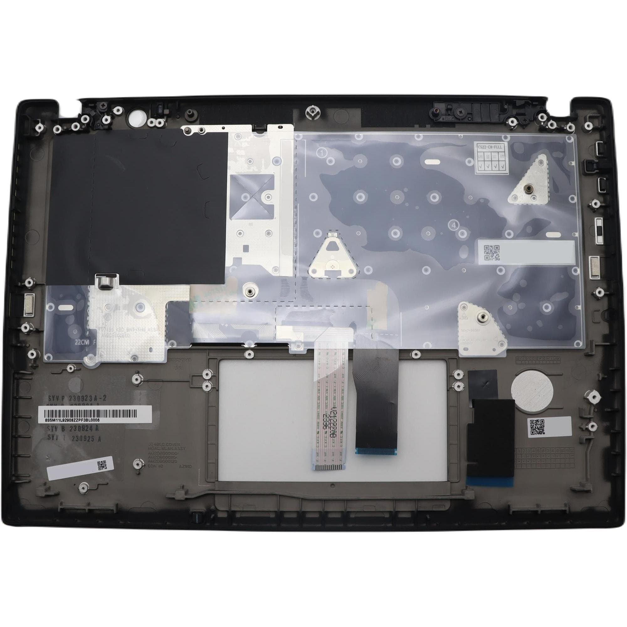 Black laptop cover with a transparent keyboard overlay, featuring various screws and connectors, designed for Lenovo models, showcasing a mix of plastic and metal materials.
