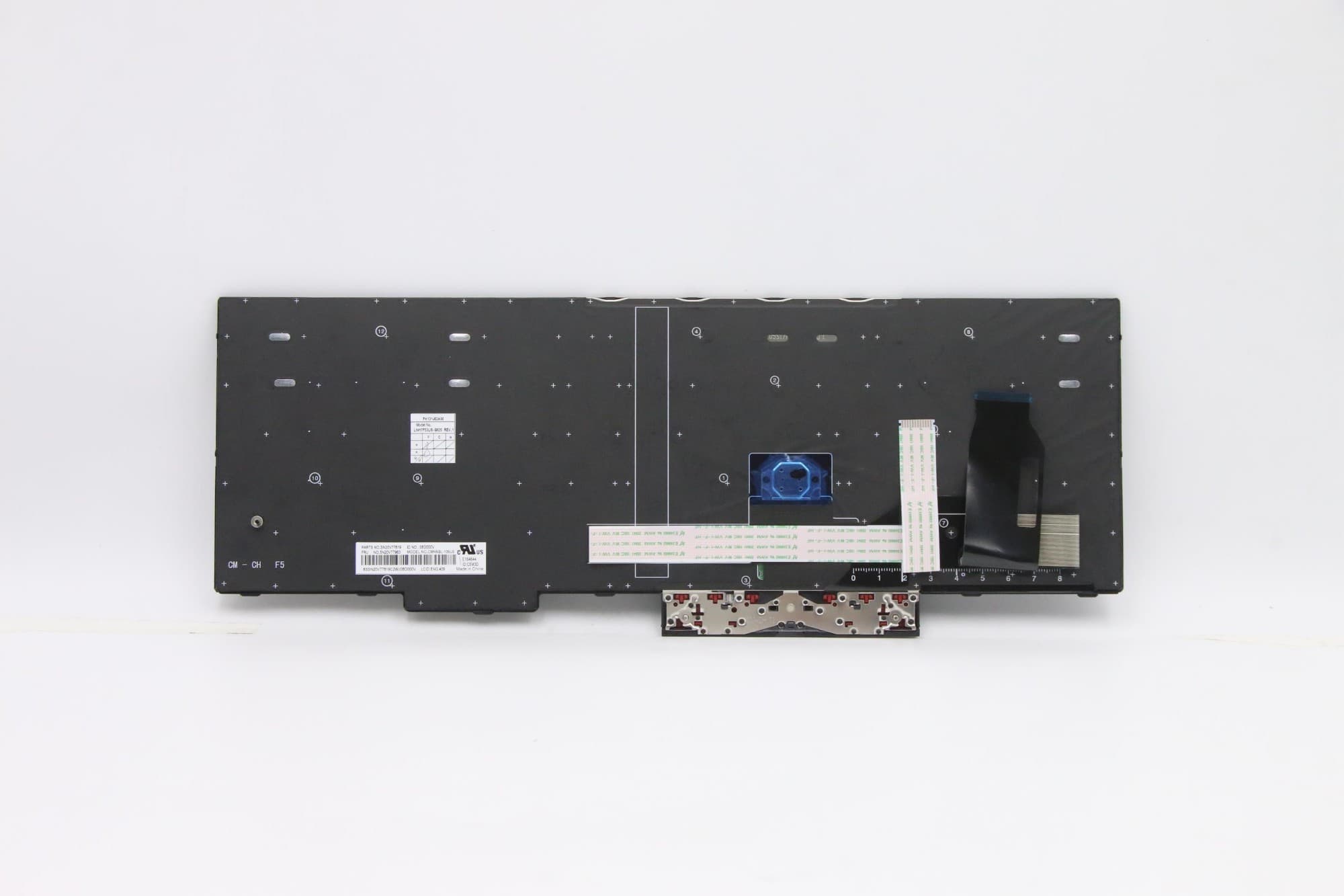 Black laptop keyboard spare part with a white key layout, featuring a silver base and a blue backlight panel, designed for Lenovo models.
