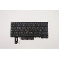 Black Lenovo laptop keyboard with red trackpoint, compact layout, and ribbon cable connector.