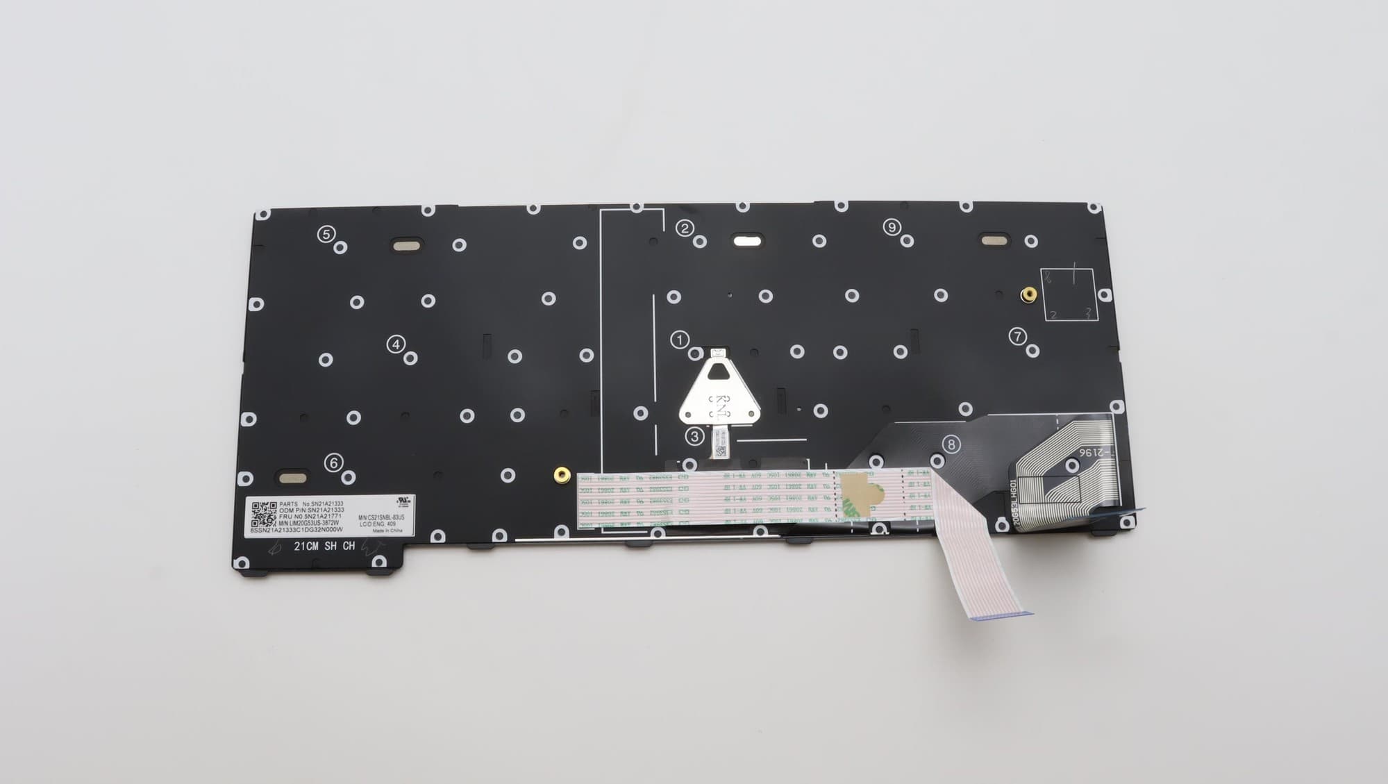 Black Lenovo laptop keyboard spare part with a flat design, featuring a flexible ribbon cable and multiple mounting holes for installation.
