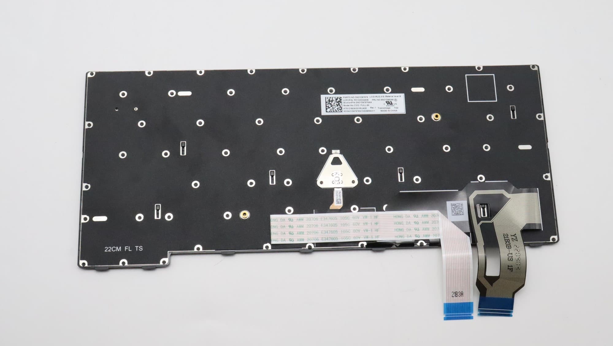 Black Lenovo laptop keyboard spare part with a flat design, featuring a ribbon cable and various mounting holes for installation.