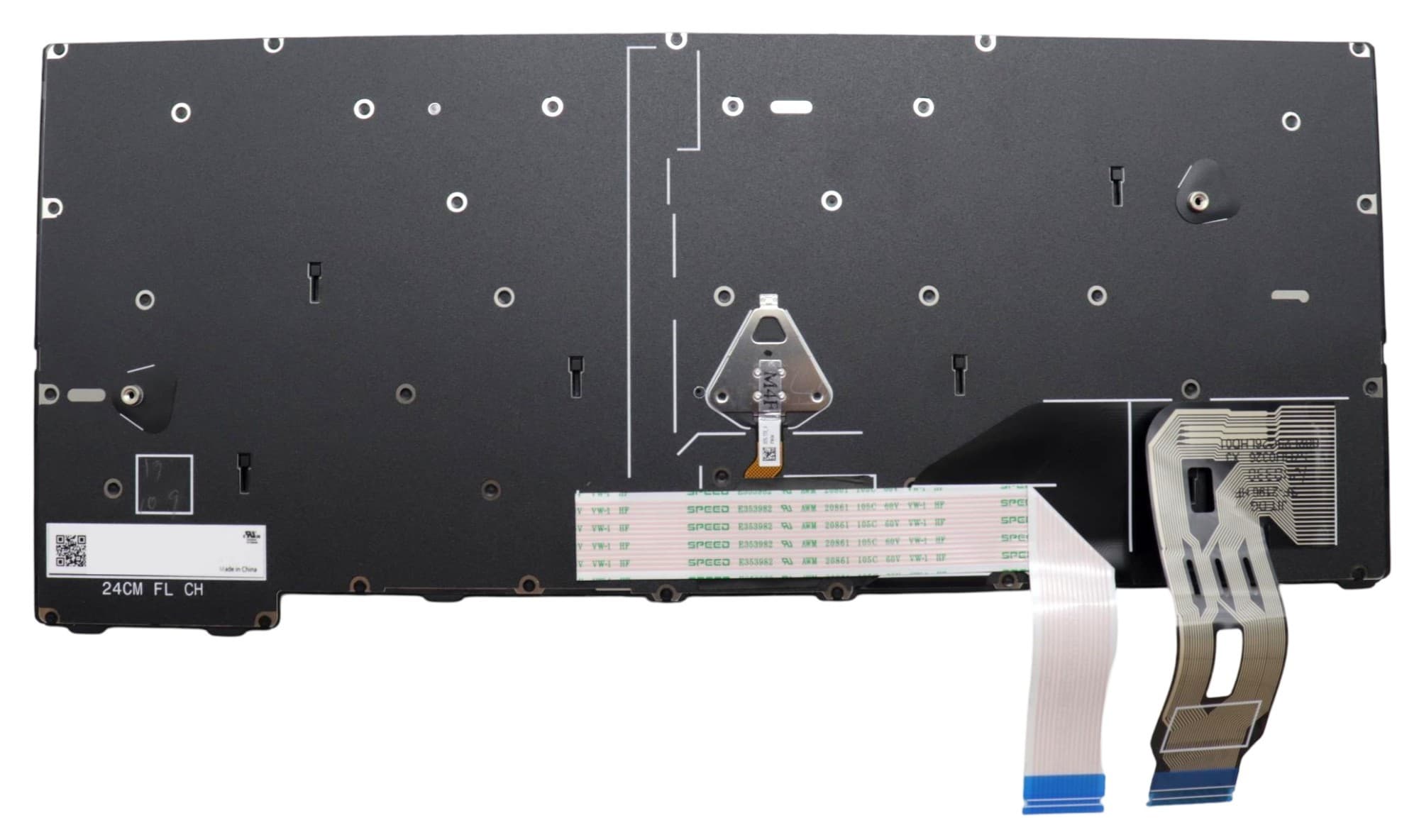 Black Lenovo laptop keyboard spare part with a flexible ribbon cable, featuring various mounting points and a label indicating model information.