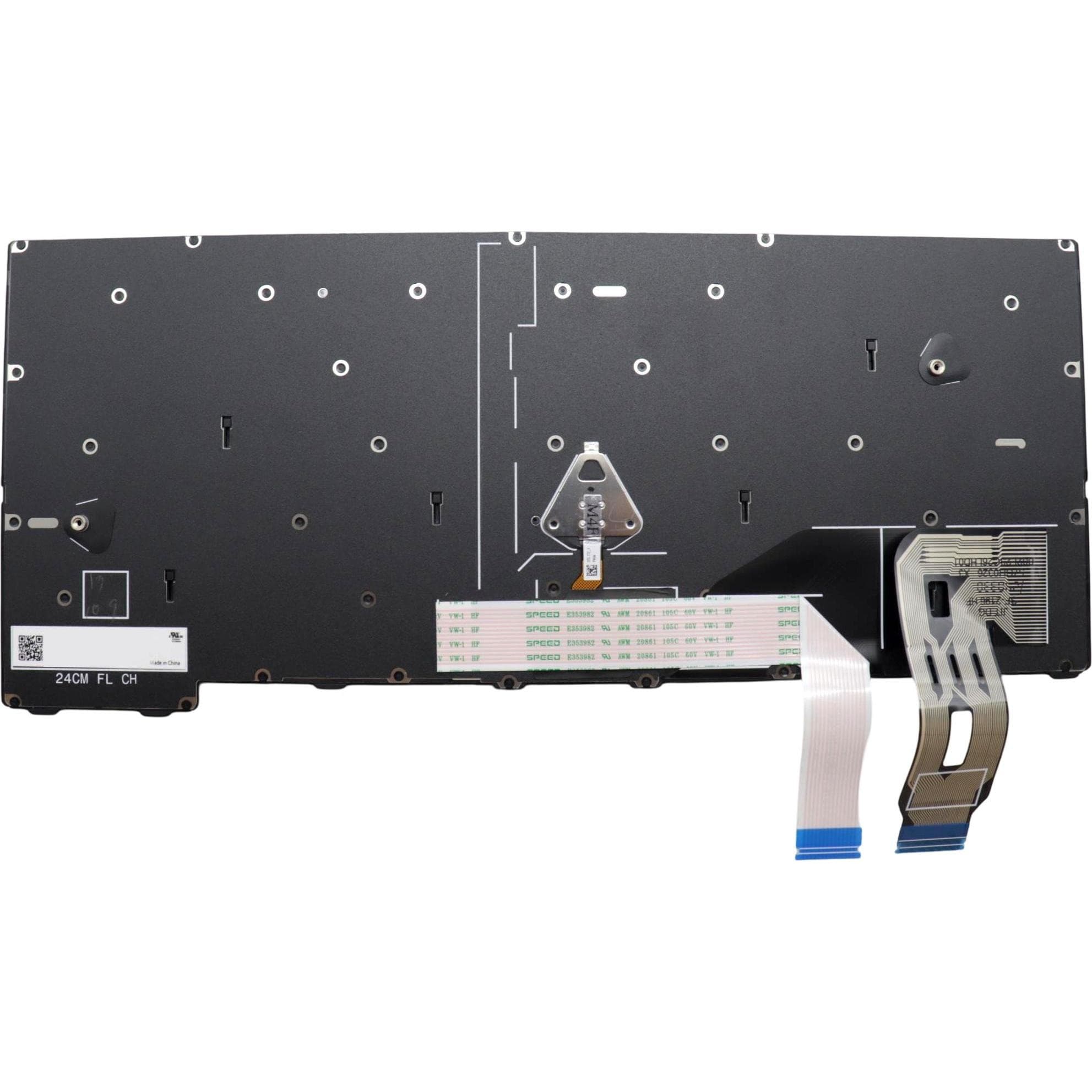 Black Lenovo laptop keyboard spare part with a flat design, featuring a ribbon cable connector and multiple mounting holes for installation.