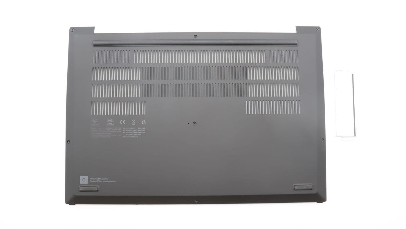 Black Lenovo chassis bottom cover with ventilation slots, various labels, and a sleek matte finish, designed for durability and compatibility with Lenovo devices.
