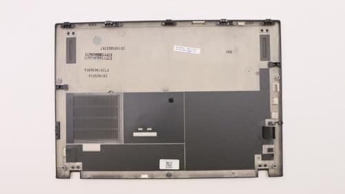 Lenovo COVER MD D-Cover features a sleek, metallic grey finish with various textured sections, ventilation grilles, and multiple ports for connectivity.