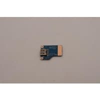 Blue Lenovo circuit board with USB port and gold connector on a gray background.