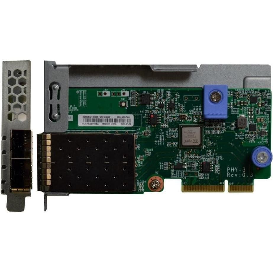 Lenovo DCG HinkSystem features a green circuit board with various components, including a black connector, metal casing, and blue plastic parts, designed for server applications.